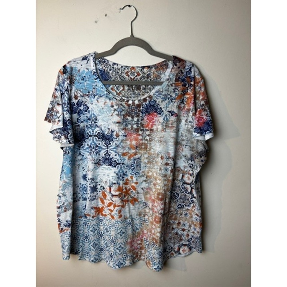 Womens 2XL Blouse Top Multicolor Floral Paisley Short Sleeve Crochet Detail Boho